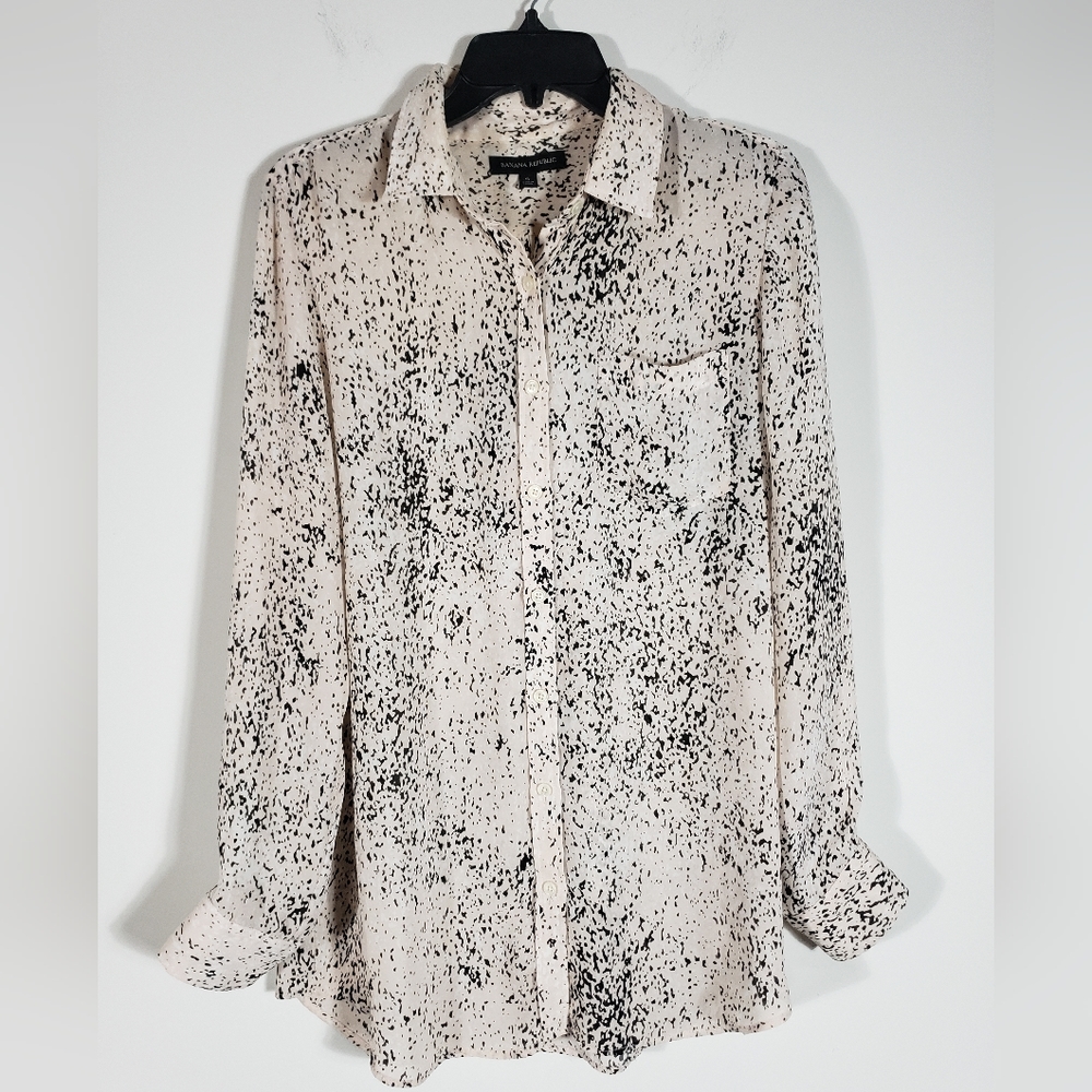 Banana Republic Splattered Print Blush & Black Long Sleeve Blouse Size Small